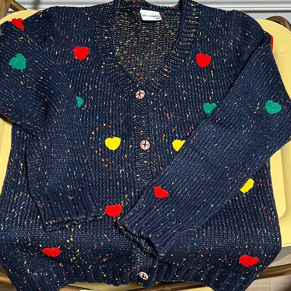 Girl Navy Cardigan with Heart Accents.